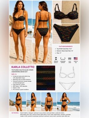 Karla Colletto Textured Multicolor Stripe Underwire Bikini Set Black Size 14